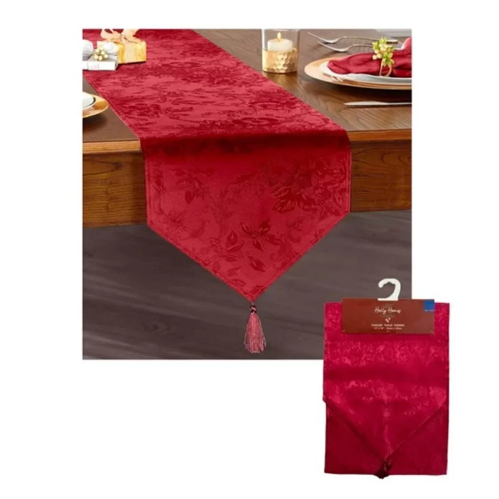 Christmas Silky Damask Table Runner Holly Homes Holiday Red Tassels 13” x 72 in